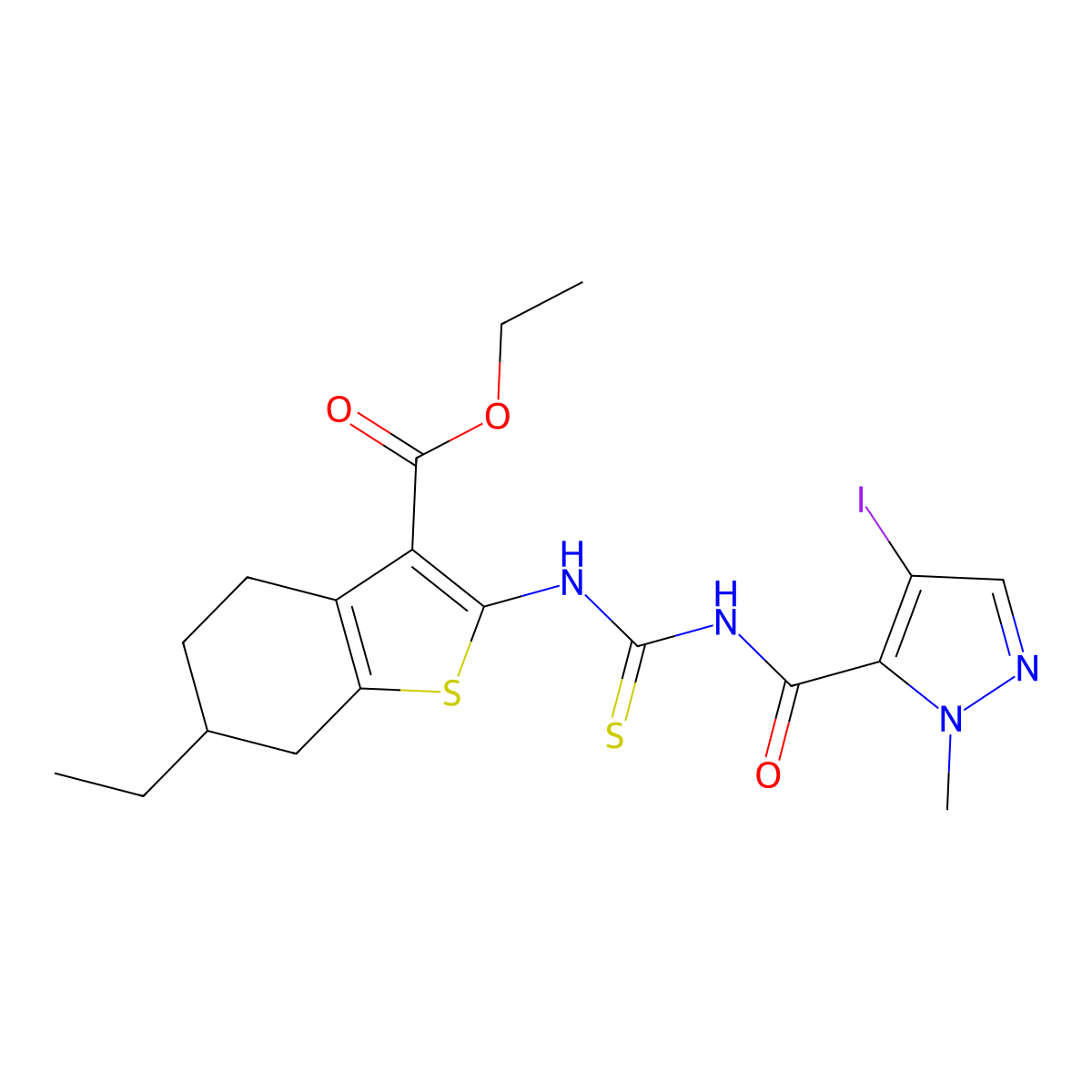 Ethyl 6-ethyl-2-[(4-iodo-2-methylpyrazole-3-carbonyl)carbamothioylamino]-4,5,6,7-tetrahydro-1-benzothiophene-3-carboxylate molecular structure, CAS 496835-10-0