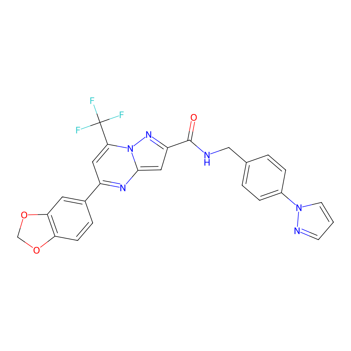 5-(1,3-benzodioxol-5-yl)-N-[4-(1H-pyrazol-1-yl)benzyl]-7-(trifluoromethyl)pyrazolo[1,5-a]pyrimidine-2-carboxamide molecular structure, CAS 496835-15-5