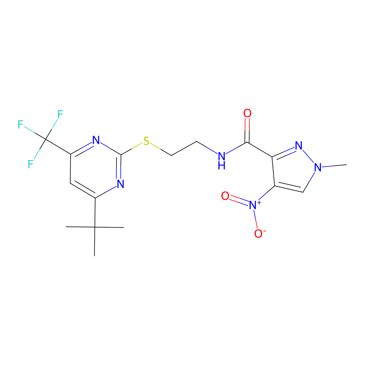 N-[2-[4-tert-butyl-6-(trifluoromethyl)pyrimidin-2-yl]sulfanylethyl]-1-methyl-4-nitropyrazole-3-carboxamide molecular structure, CAS 496835-17-7