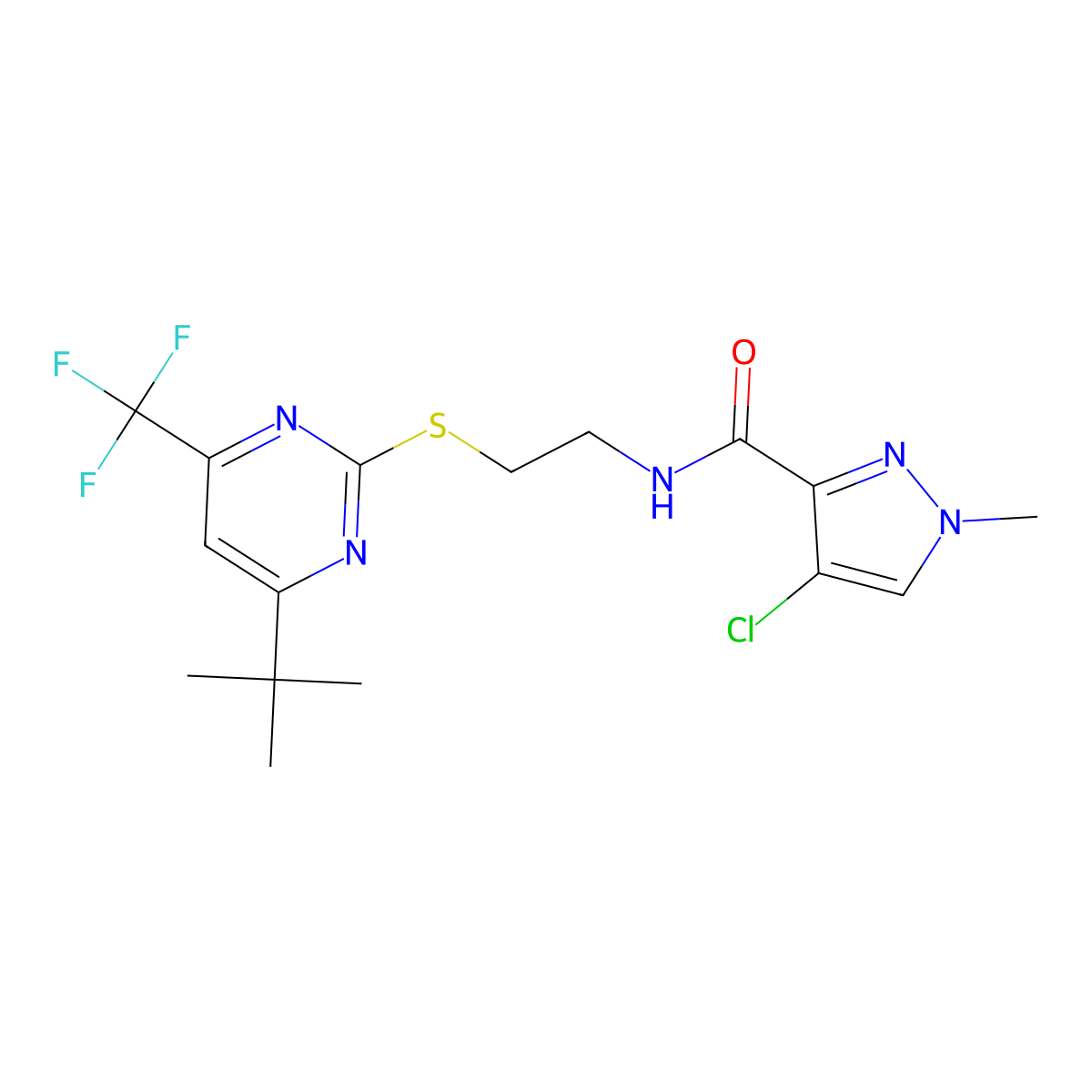 N-[2-[4-tert-butyl-6-(trifluoromethyl)pyrimidin-2-yl]sulfanylethyl]-4-chloro-1-methylpyrazole-3-carboxamide molecular structure, CAS 496835-18-8