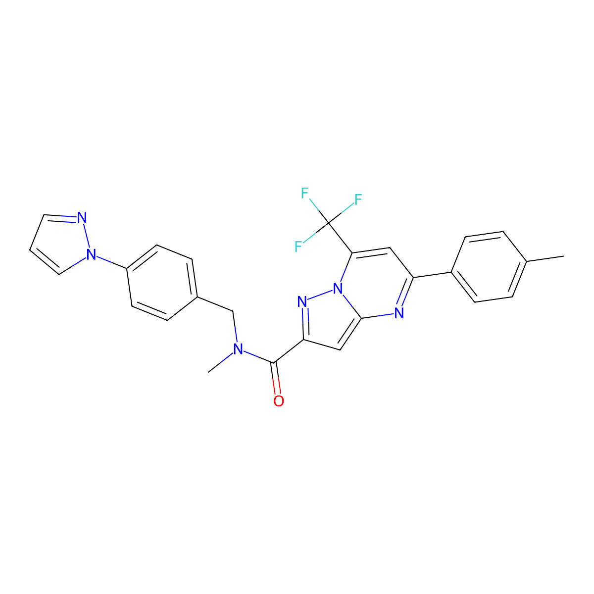 N-methyl-5-(4-methylphenyl)-N-[(4-pyrazol-1-ylphenyl)methyl]-7-(trifluoromethyl)pyrazolo[1,5-a]pyrimidine-2-carboxamide molecular structure, CAS 496835-22-4