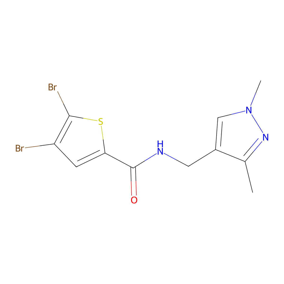 4,5-dibromo-N-[(1,3-dimethylpyrazol-4-yl)methyl]thiophene-2-carboxamide molecular structure, CAS 496835-29-1