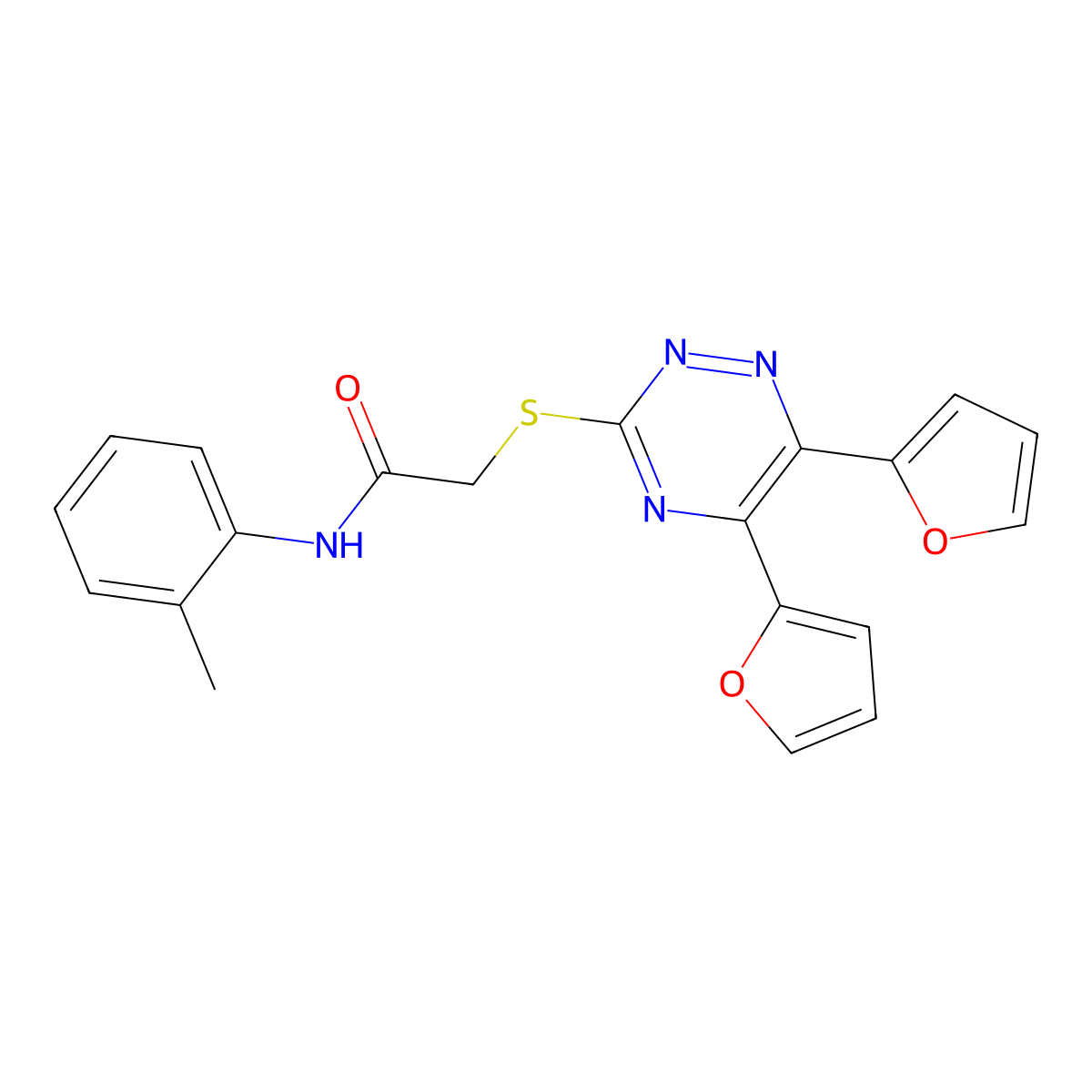 2-[[5,6-bis(furan-2-yl)-1,2,4-triazin-3-yl]sulfanyl]-N-(2-methylphenyl)acetamide molecular structure, CAS 496867-25-5