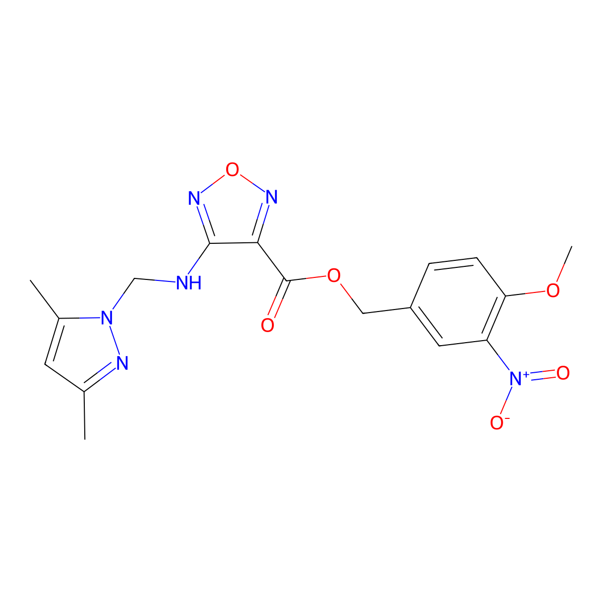 4-methoxy-3-nitrobenzyl 4-{[(3,5-dimethyl-1H-pyrazol-1-yl)methyl]amino}-1,2,5-oxadiazole-3-carboxylate molecular structure, CAS 496924-80-2