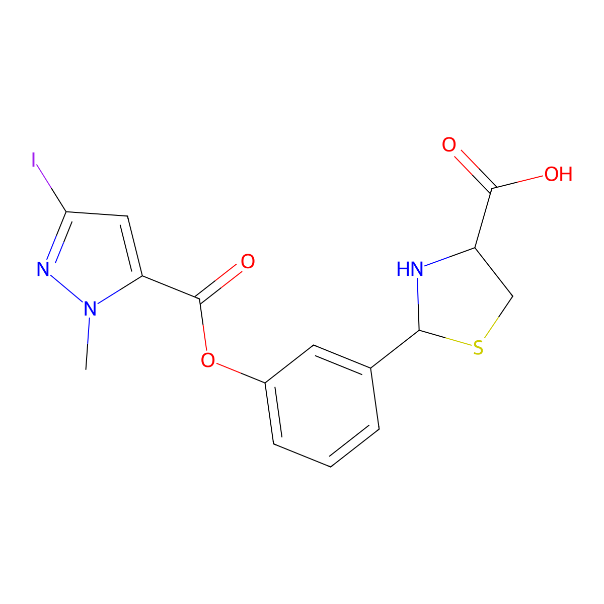 2-[3-[[(3-Iodo-1-methyl-1H-pyrazol-5-yl)carbonyl]oxy]phenyl]-4-thiazolidinecarboxylic acid molecular structure, CAS 496924-82-4