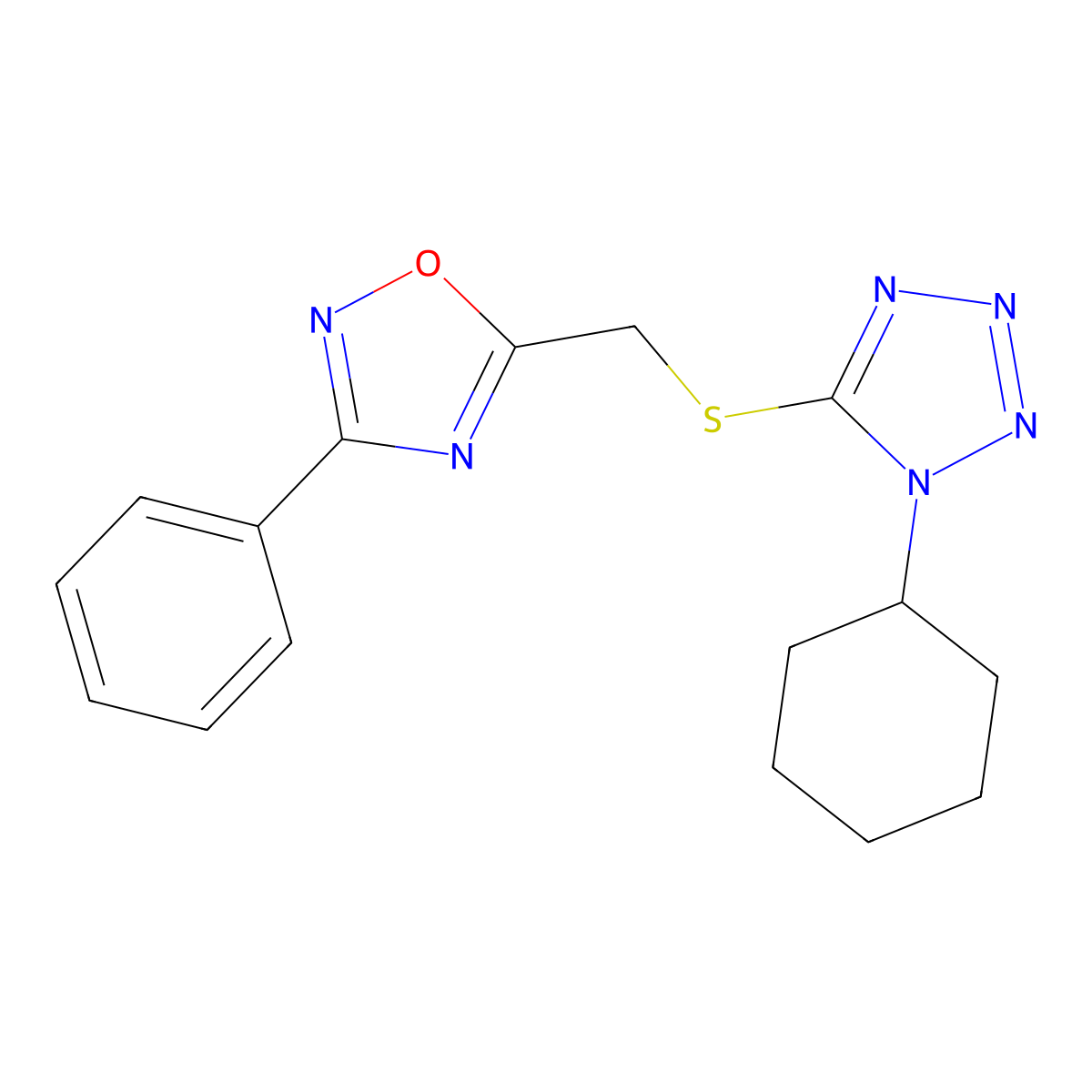5-[[(1-Cyclohexyl-5-tetrazolyl)thio]methyl]-3-phenyl-1,2,4-oxadiazole molecular structure, CAS 496960-99-7