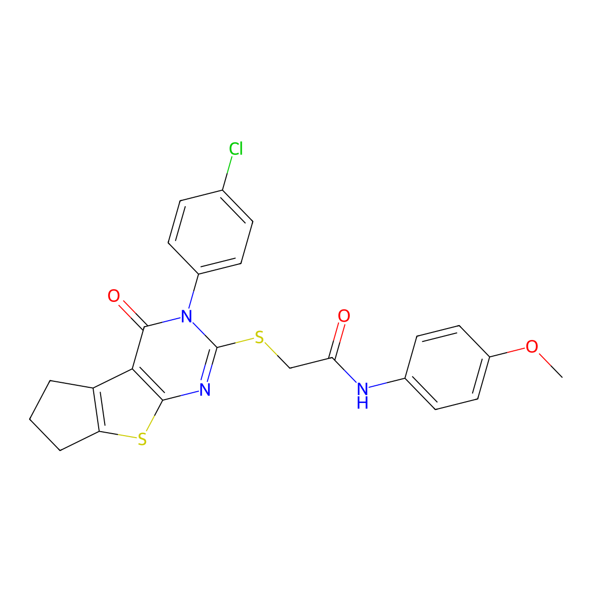 2-{[3-(4-chlorophenyl)-4-oxo-3,5,6,7-tetrahydro-4H-cyclopenta[4,5]thieno[2,3-d]pyrimidin-2-yl]sulfanyl}-N-(4-methoxyphenyl)acetamide molecular structure, CAS 496967-45-4