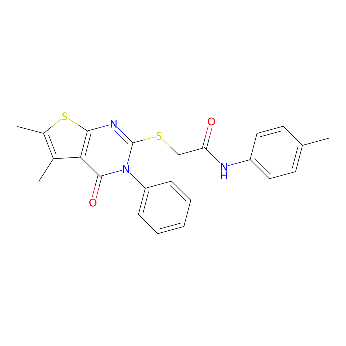 2-((5,6-dimethyl-4-oxo-3-phenyl-3,4-dihydrothieno[2,3-d]pyrimidin-2-yl)thio)-N-(p-tolyl)acetamide molecular structure, CAS 496967-51-2