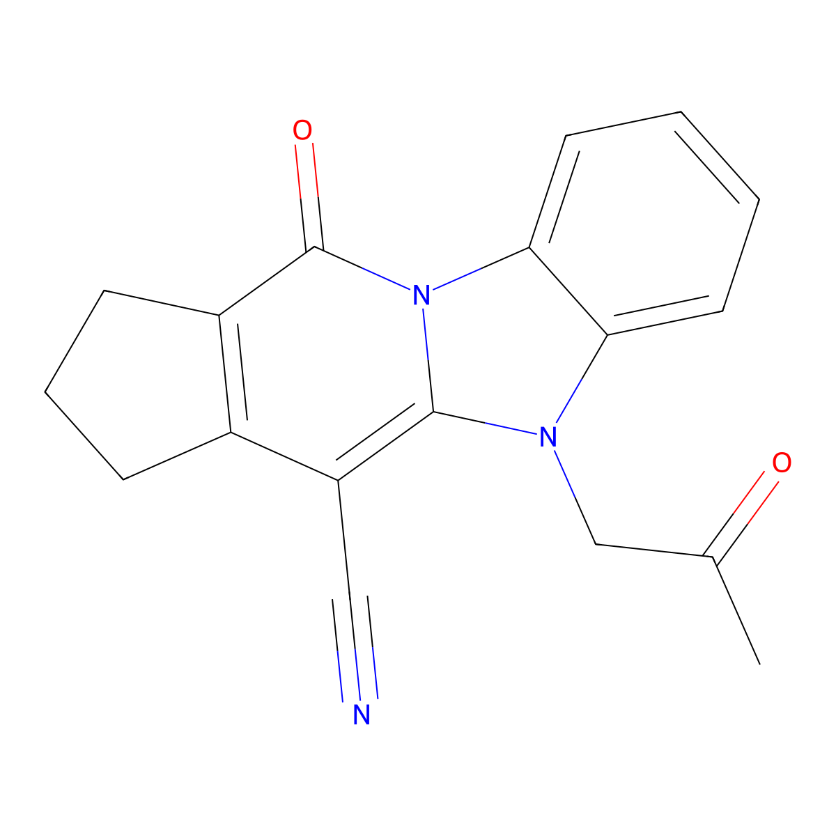 11-oxo-5-(2-oxopropyl)-2,3,5,11-tetrahydro-1H-cyclopenta[4,5]pyrido[1,2-a]benzimidazole-4-carbonitrile molecular structure, CAS 496970-57-1