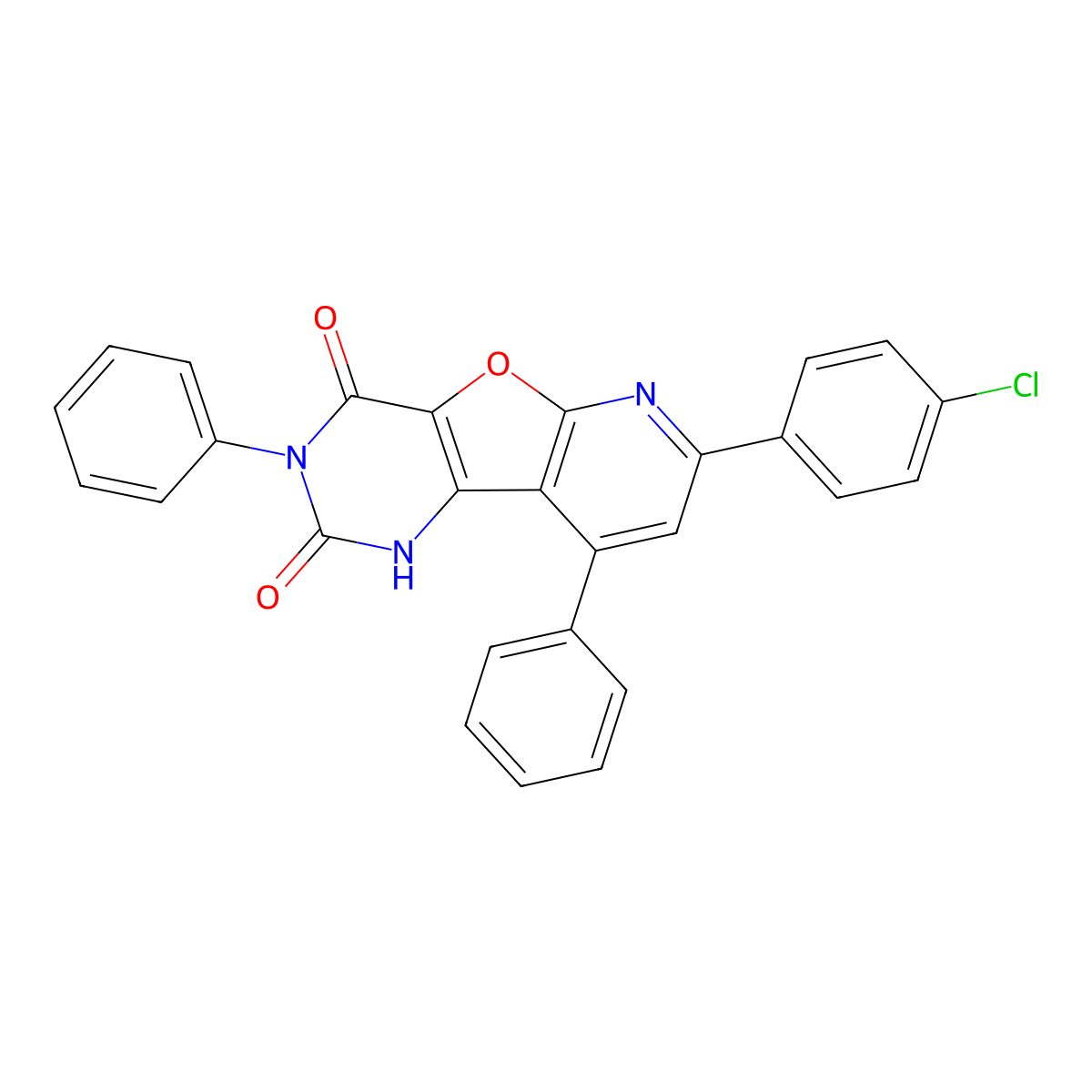 7-(4-chlorophenyl)-3,9-diphenylpyrido[3',2':4,5]furo[3,2-d]pyrimidine-2,4(1H,3H)-dione molecular structure, CAS 496970-78-6