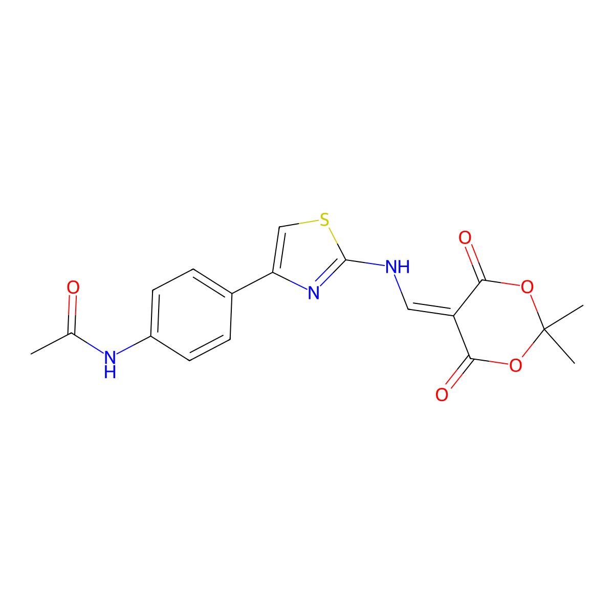 N-[4-(2-{[(2,2-dimethyl-4,6-dioxo-1,3-dioxan-5-ylidene)methyl]amino}-1,3-thiazol-4-yl)phenyl]acetamide molecular structure, CAS 497060-17-0