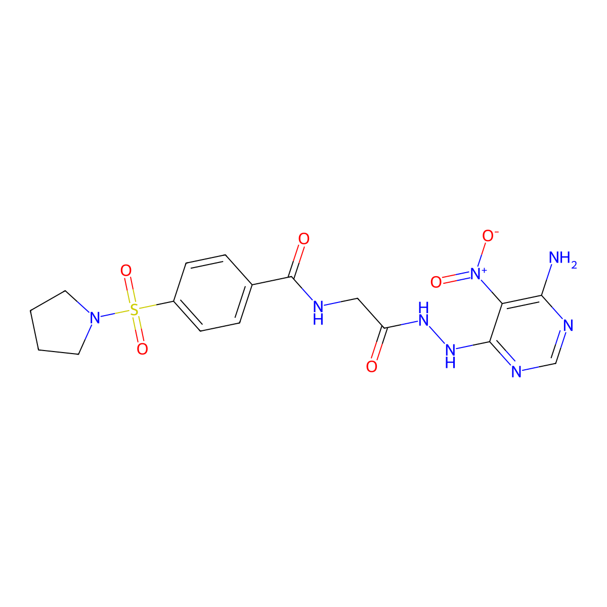 N-(2-(2-(6-amino-5-nitropyrimidin-4-yl)hydrazinyl)-2-oxoethyl)-4-(pyrrolidin-1-ylsulfonyl)benzamide molecular structure, CAS 497063-44-2