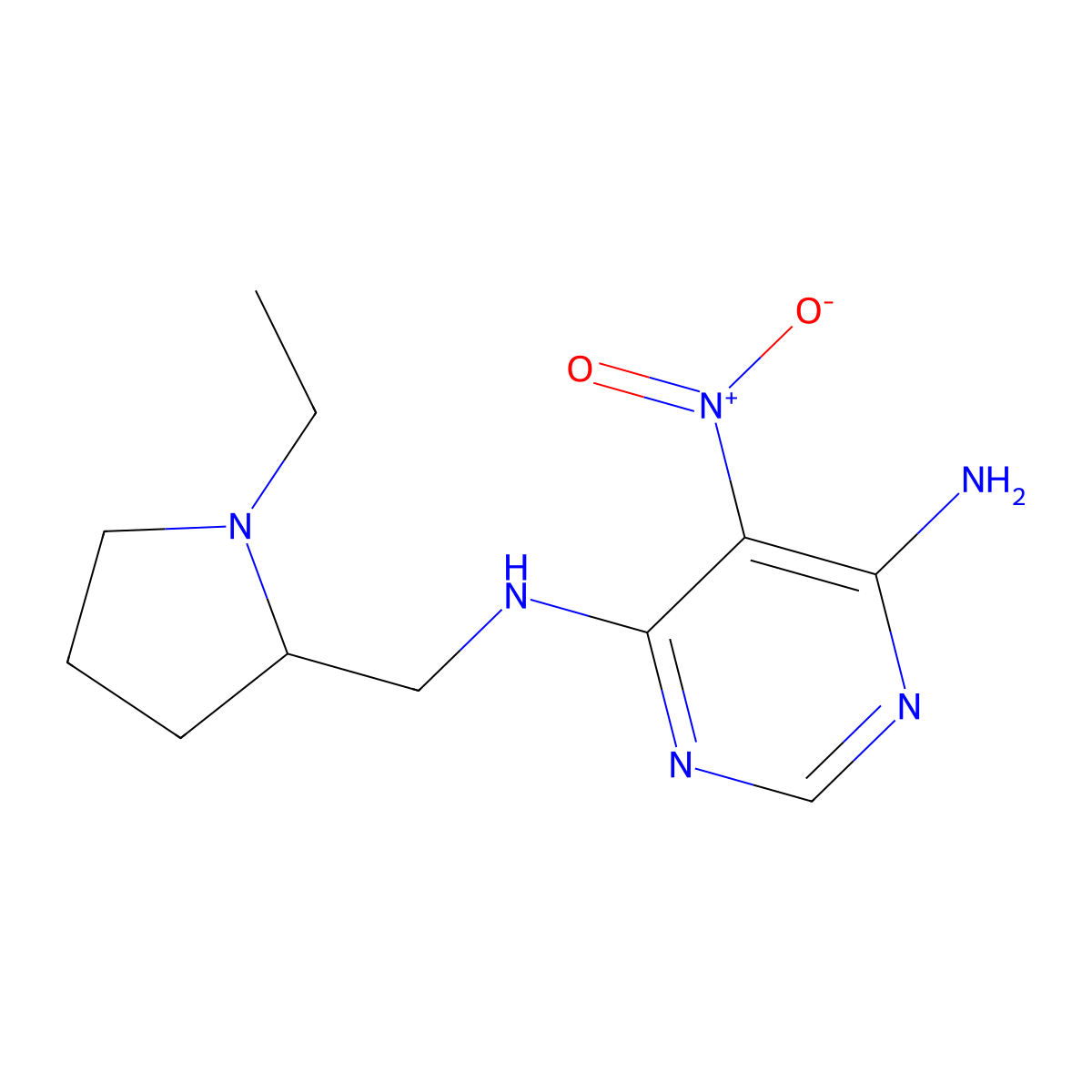 N4-((1-ethylpyrrolidin-2-yl)methyl)-5-nitropyrimidine-4,6-diamine molecular structure, CAS 497063-57-7