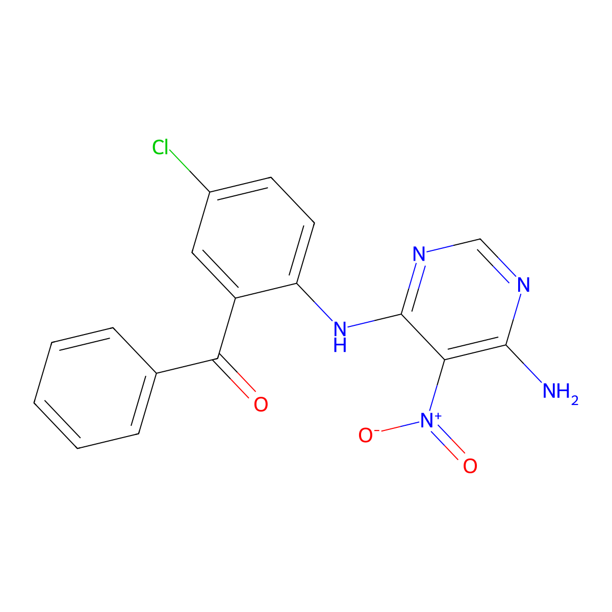 (2-((6-Amino-5-nitropyrimidin-4-yl)amino)-5-chlorophenyl)(phenyl)methanone molecular structure, CAS 497063-58-8