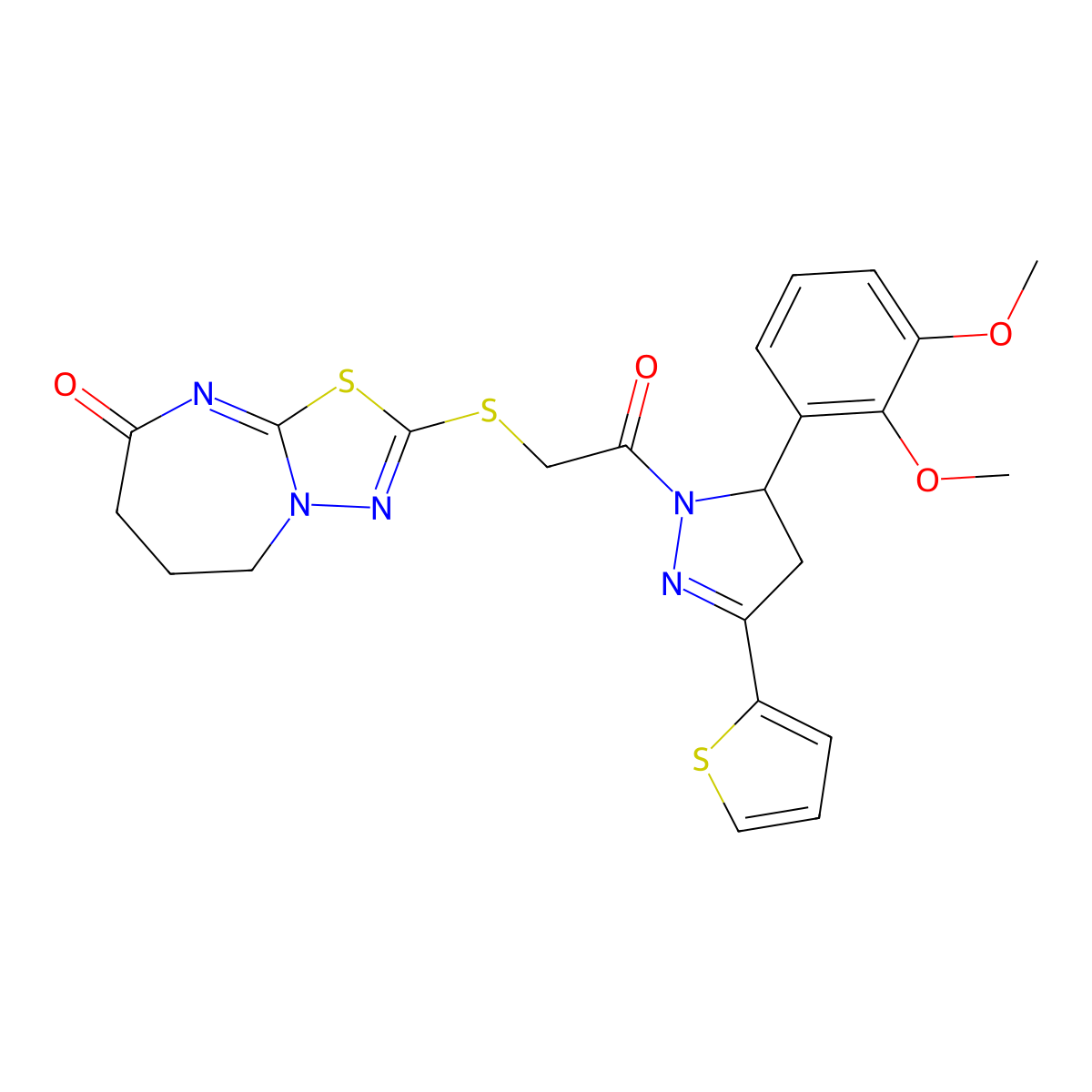 2-((2-(5-(2,3-dimethoxyphenyl)-3-(thiophen-2-yl)-4,5-dihydro-1H-pyrazol-1-yl)-2-oxoethyl)thio)-6,7-dihydro-[1,3,4]thiadiazolo[3,2-a][1,3]diazepin-8(5H)-one molecular structure, CAS 497063-84-0