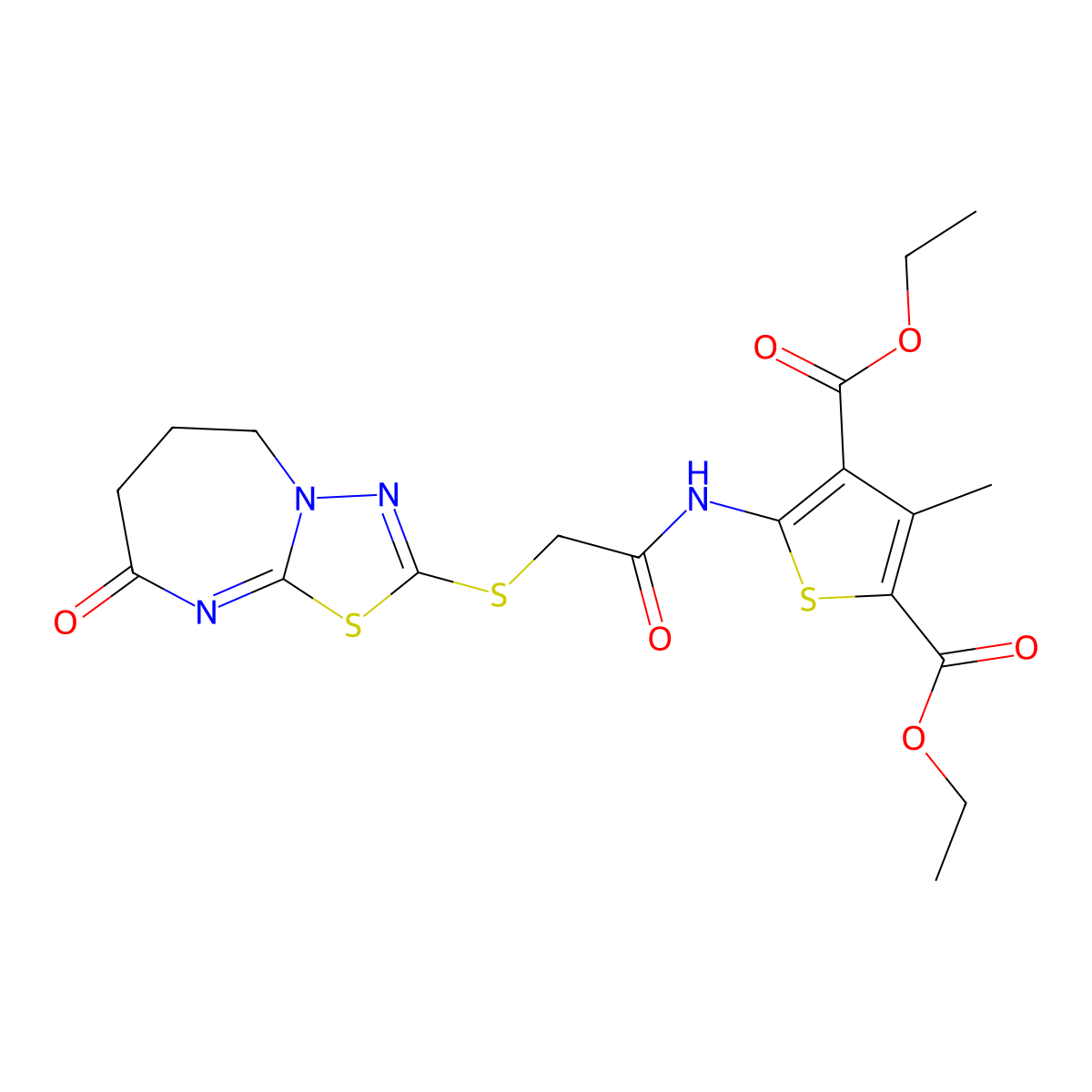diethyl 3-methyl-5-[[2-[(8-oxo-6,7-dihydro-5H-[1,3,4]thiadiazolo[3,2-a][1,3]diazepin-2-yl)sulfanyl]acetyl]amino]thiophene-2,4-dicarboxylate molecular structure, CAS 497063-89-5