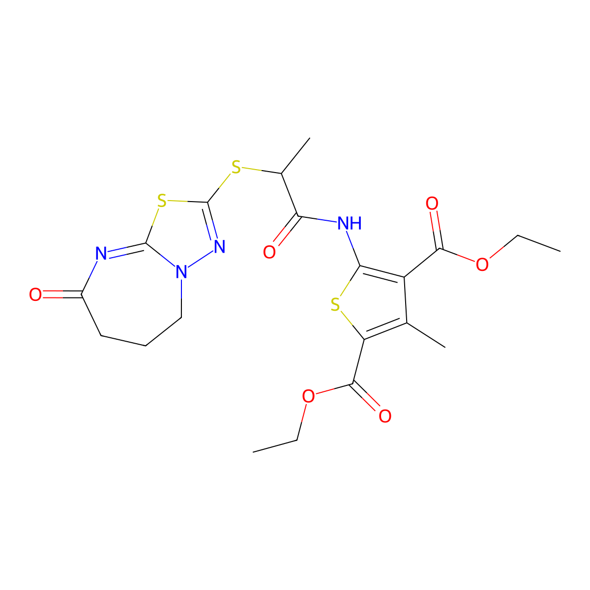 Diethyl 3-methyl-5-(2-((8-oxo-5,6,7,8-tetrahydro-[1,3,4]thiadiazolo[3,2-a][1,3]diazepin-2-yl)thio)propanamido)thiophene-2,4-dicarboxylate molecular structure, CAS 497063-90-8