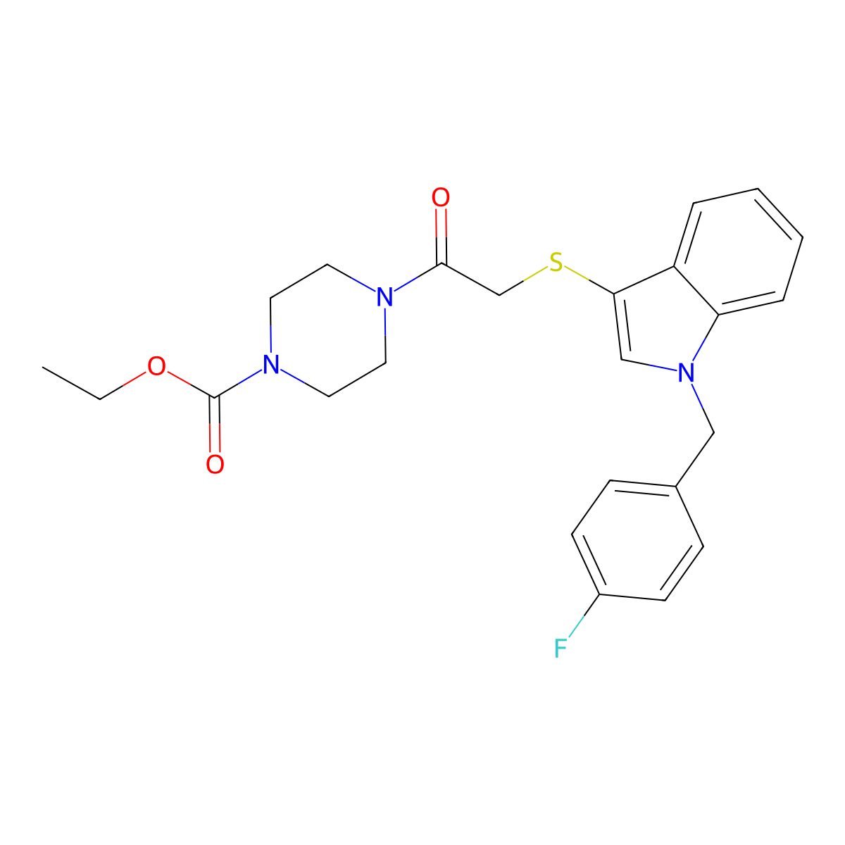Ethyl 4-[2-[1-[(4-fluorophenyl)methyl]indol-3-yl]sulfanylacetyl]piperazine-1-carboxylate molecular structure, CAS 497064-04-7