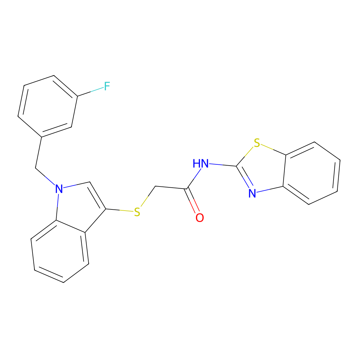 N-(benzo[d]thiazol-2-yl)-2-((1-(3-fluorobenzyl)-1H-indol-3-yl)thio)acetamide molecular structure, CAS 497064-18-3