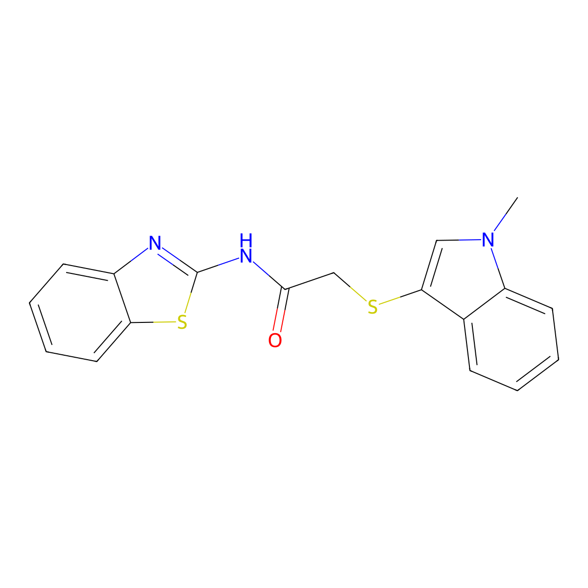 N-(benzo[d]thiazol-2-yl)-2-((1-methyl-1H-indol-3-yl)thio)acetamide molecular structure, CAS 497064-26-3