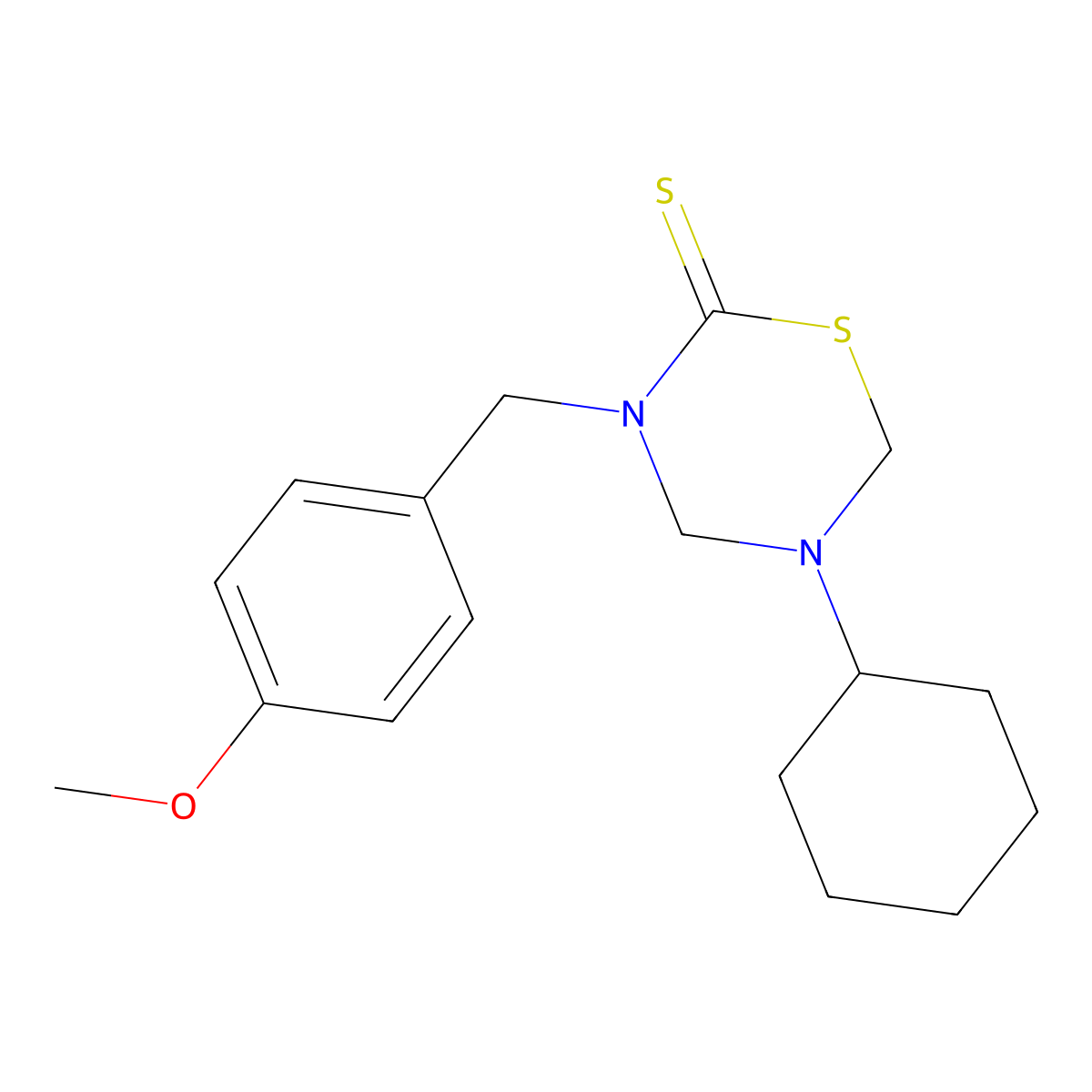5-Cyclohexyl-3-[(4-methoxyphenyl)methyl]-1,3,5-thiadiazinane-2-thione molecular structure, CAS 497072-02-3