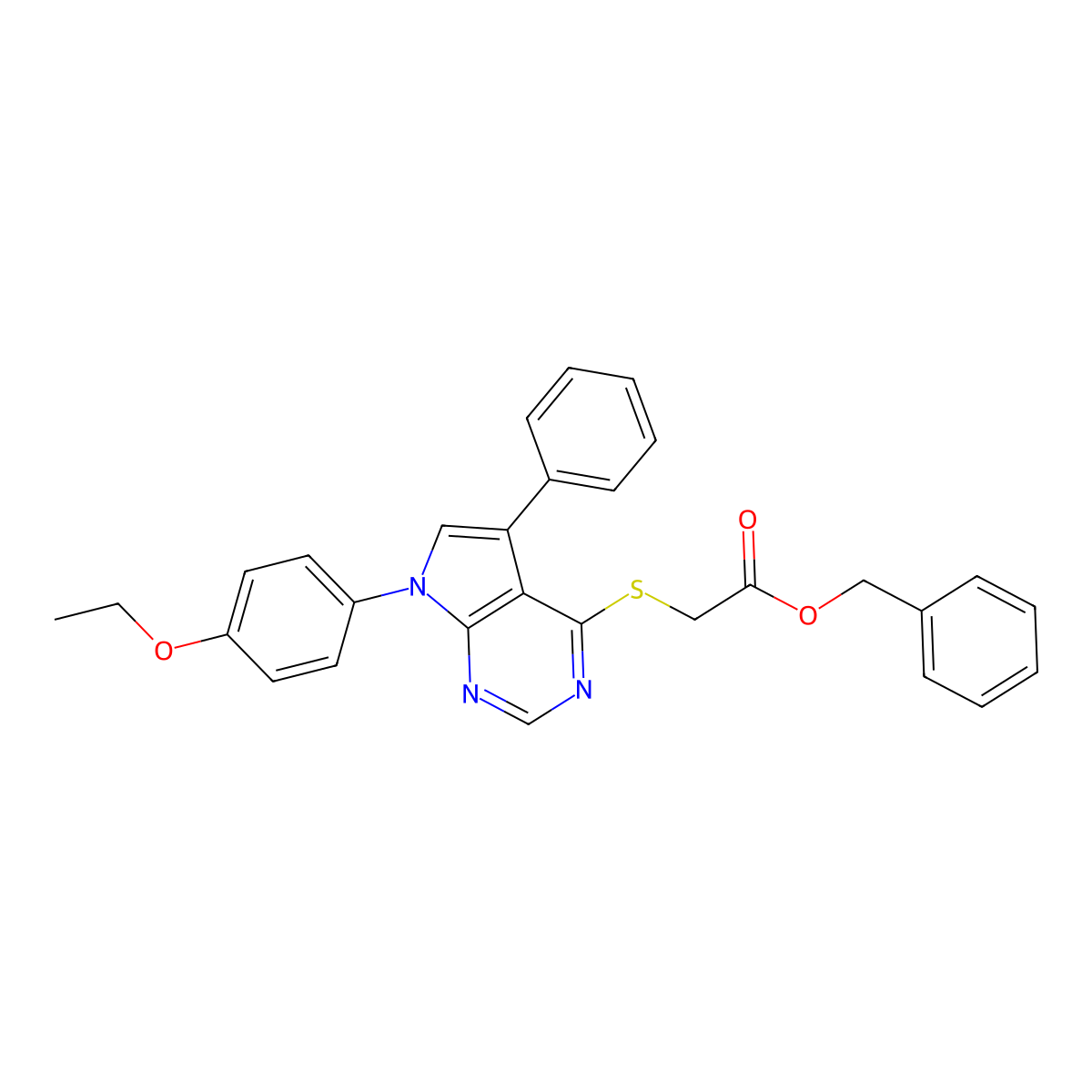 benzyl 2-((7-(4-ethoxyphenyl)-5-phenyl-7H-pyrrolo[2,3-d]pyrimidin-4-yl)thio)acetate molecular structure, CAS 497072-28-3
