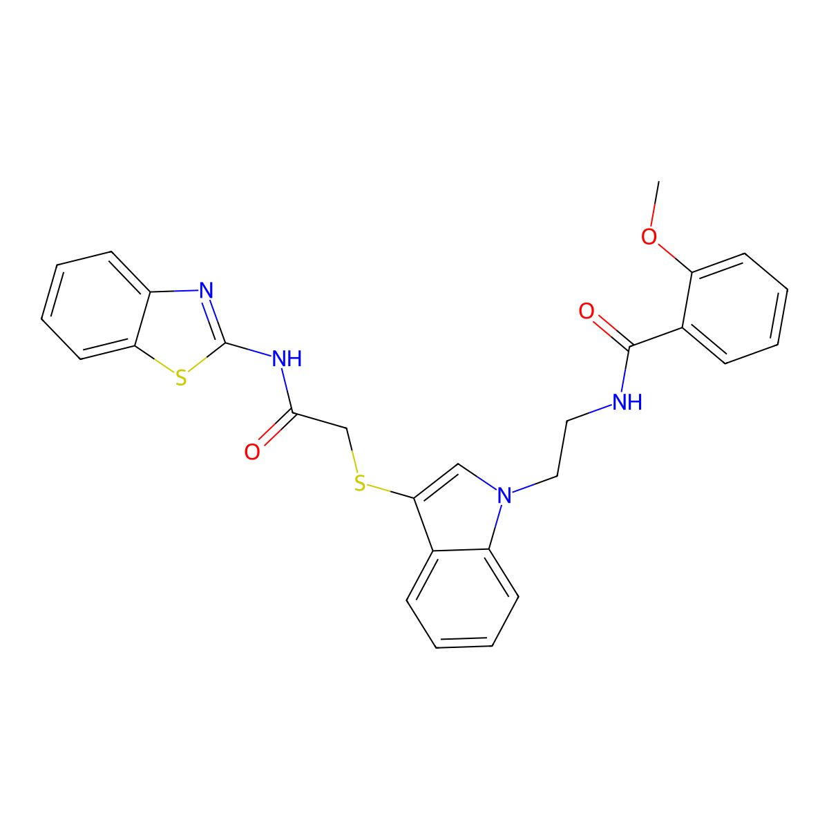 N-(2-(3-((2-(benzo[d]thiazol-2-ylamino)-2-oxoethyl)thio)-1H-indol-1-yl)ethyl)-2-methoxybenzamide molecular structure, CAS 497072-66-9