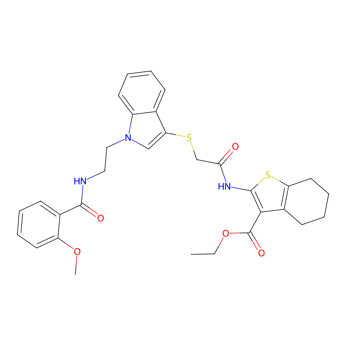 Ethyl 2-[[2-[1-[2-[(2-methoxybenzoyl)amino]ethyl]indol-3-yl]sulfanylacetyl]amino]-4,5,6,7-tetrahydro-1-benzothiophene-3-carboxylate molecular structure, CAS 497072-67-0
