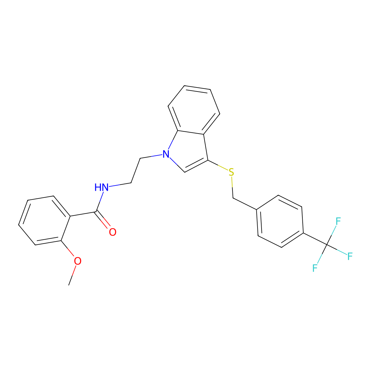 2-methoxy-N-[2-[3-[[4-(trifluoromethyl)phenyl]methylsulfanyl]indol-1-yl]ethyl]benzamide molecular structure, CAS 497072-70-5