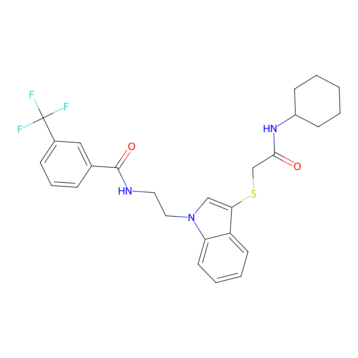 N-(2-(3-((2-(cyclohexylamino)-2-oxoethyl)thio)-1H-indol-1-yl)ethyl)-3-(trifluoromethyl)benzamide molecular structure, CAS 497072-79-4