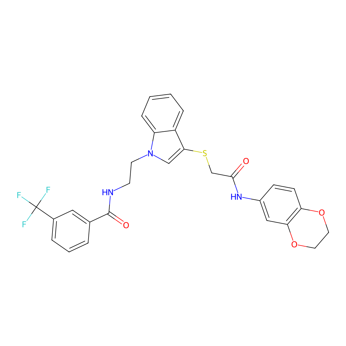 N-[2-(3-{[2-(2,3-dihydro-1,4-benzodioxin-6-ylamino)-2-oxoethyl]sulfanyl}-1H-indol-1-yl)ethyl]-3-(trifluoromethyl)benzamide molecular structure, CAS 497072-84-1