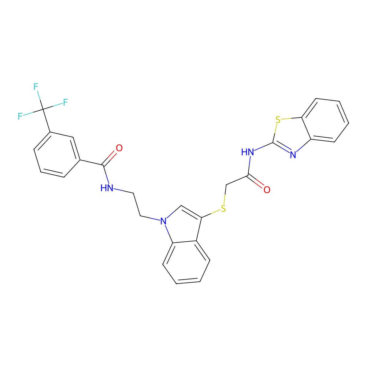 N-(2-(3-((2-(benzo[d]thiazol-2-ylamino)-2-oxoethyl)thio)-1H-indol-1-yl)ethyl)-3-(trifluoromethyl)benzamide molecular structure, CAS 497072-90-9