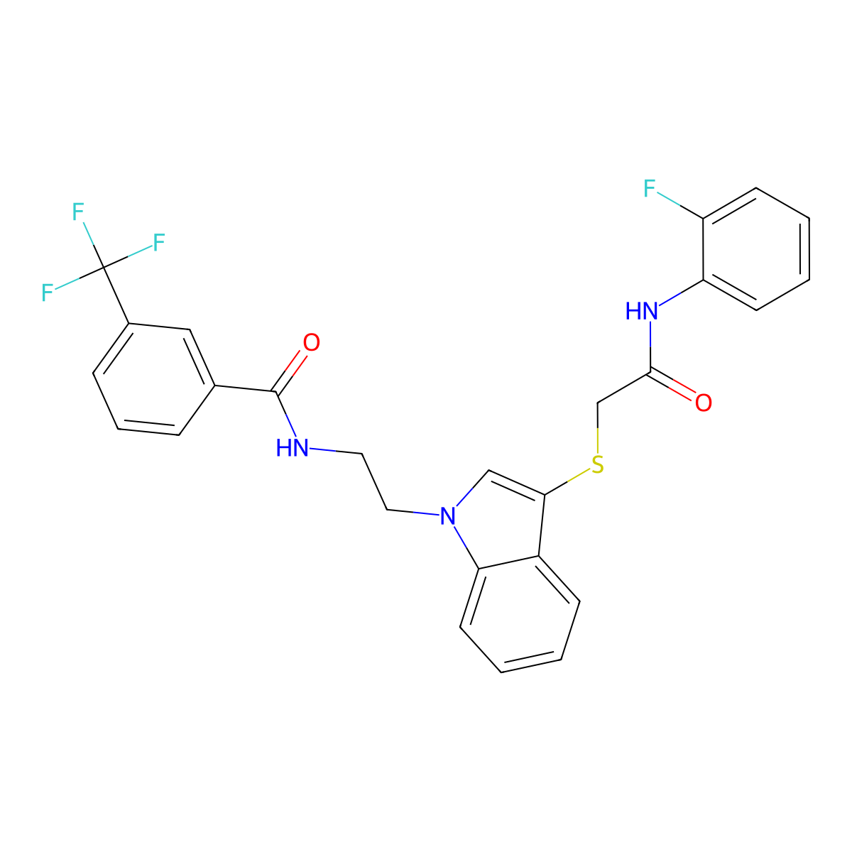 N-[2-[3-[2-(2-fluoroanilino)-2-oxoethyl]sulfanylindol-1-yl]ethyl]-3-(trifluoromethyl)benzamide molecular structure, CAS 497073-02-6