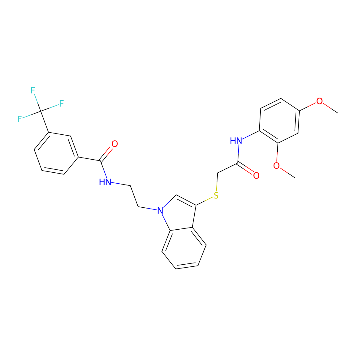 N-(2-(3-((2-((2,4-dimethoxyphenyl)amino)-2-oxoethyl)thio)-1H-indol-1-yl)ethyl)-3-(trifluoromethyl)benzamide molecular structure, CAS 497073-03-7