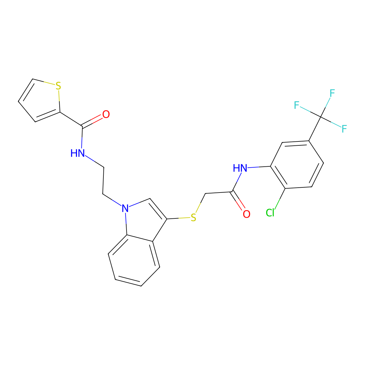 N-[2-[3-[2-[2-chloro-5-(trifluoromethyl)anilino]-2-oxoethyl]sulfanylindol-1-yl]ethyl]thiophene-2-carboxamide molecular structure, CAS 497073-15-1