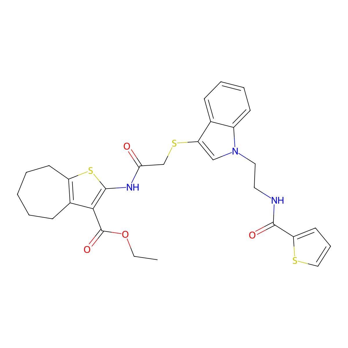 ethyl 2-(2-((1-(2-(thiophene-2-carboxamido)ethyl)-1H-indol-3-yl)thio)acetamido)-5,6,7,8-tetrahydro-4H-cyclohepta[b]thiophene-3-carboxylate molecular structure, CAS 497073-23-1