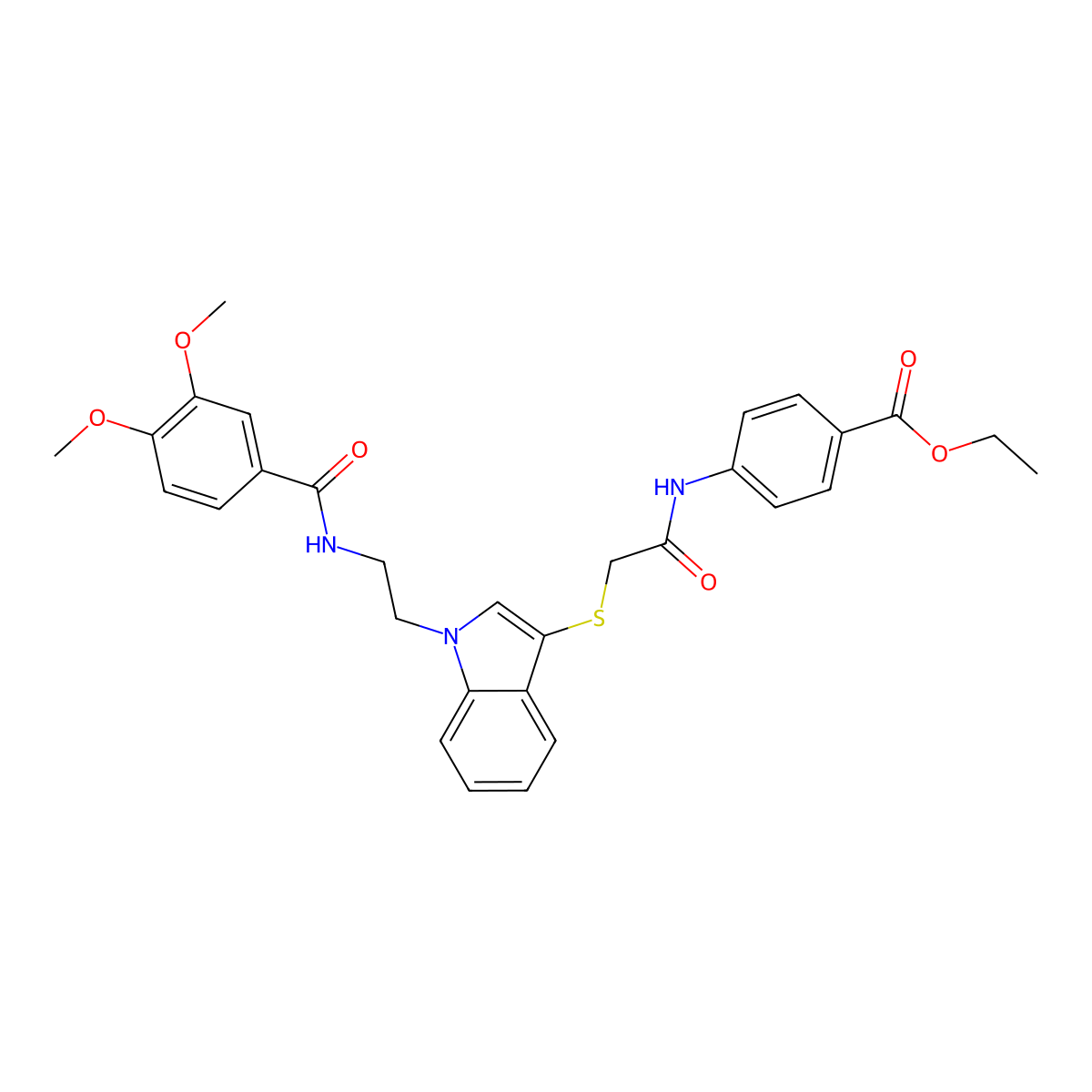 Ethyl 4-[[2-[1-[2-[(3,4-dimethoxybenzoyl)amino]ethyl]indol-3-yl]sulfanylacetyl]amino]benzoate molecular structure, CAS 497073-40-2