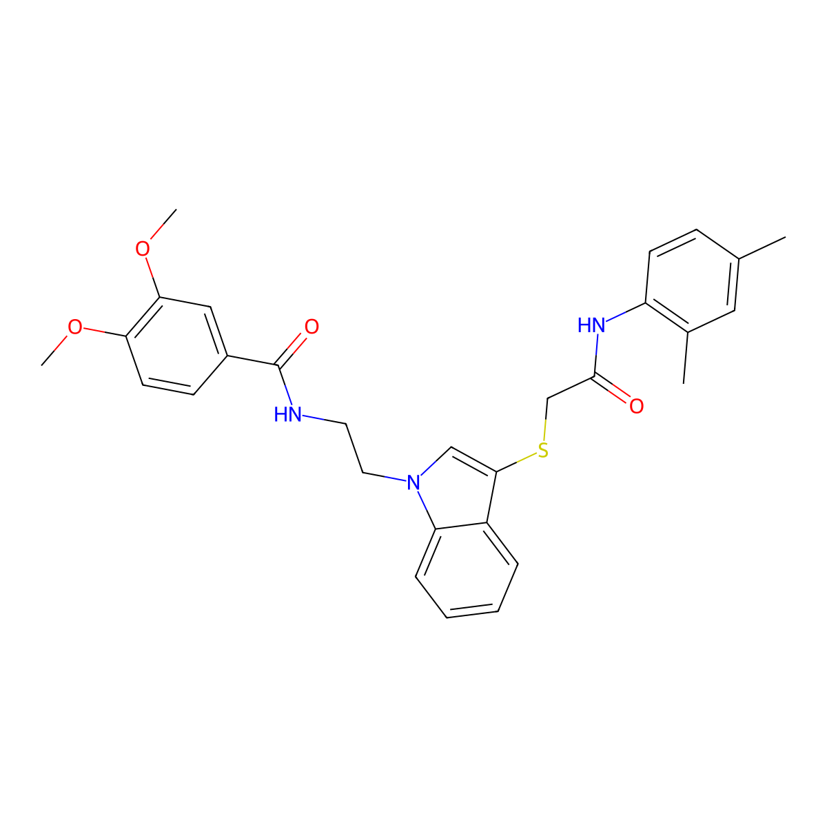 N-(2-(3-((2-((2,4-dimethylphenyl)amino)-2-oxoethyl)thio)-1H-indol-1-yl)ethyl)-3,4-dimethoxybenzamide molecular structure, CAS 497073-44-6