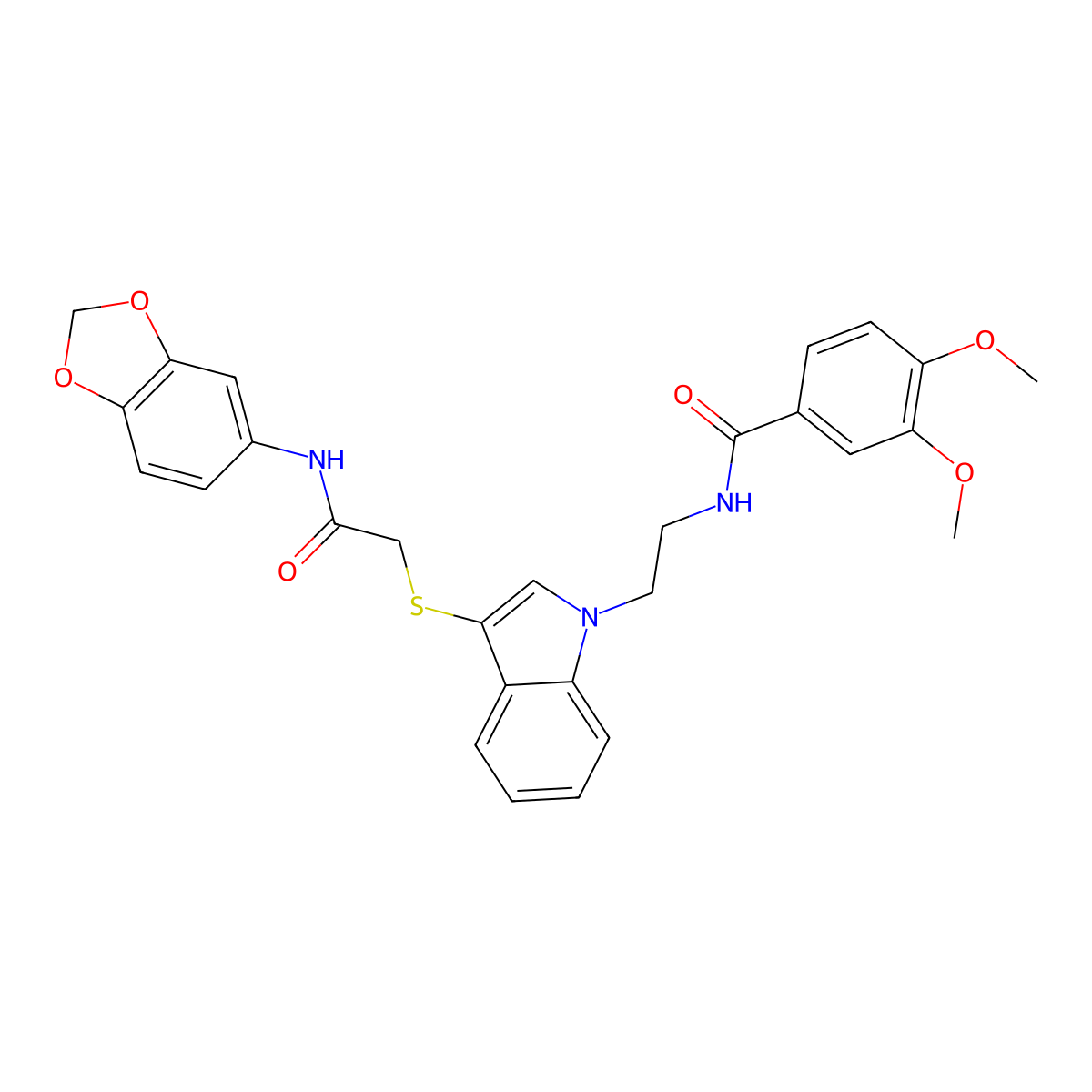 N-(2-(3-((2-(benzo[d][1,3]dioxol-5-ylamino)-2-oxoethyl)thio)-1H-indol-1-yl)ethyl)-3,4-dimethoxybenzamide molecular structure, CAS 497073-45-7