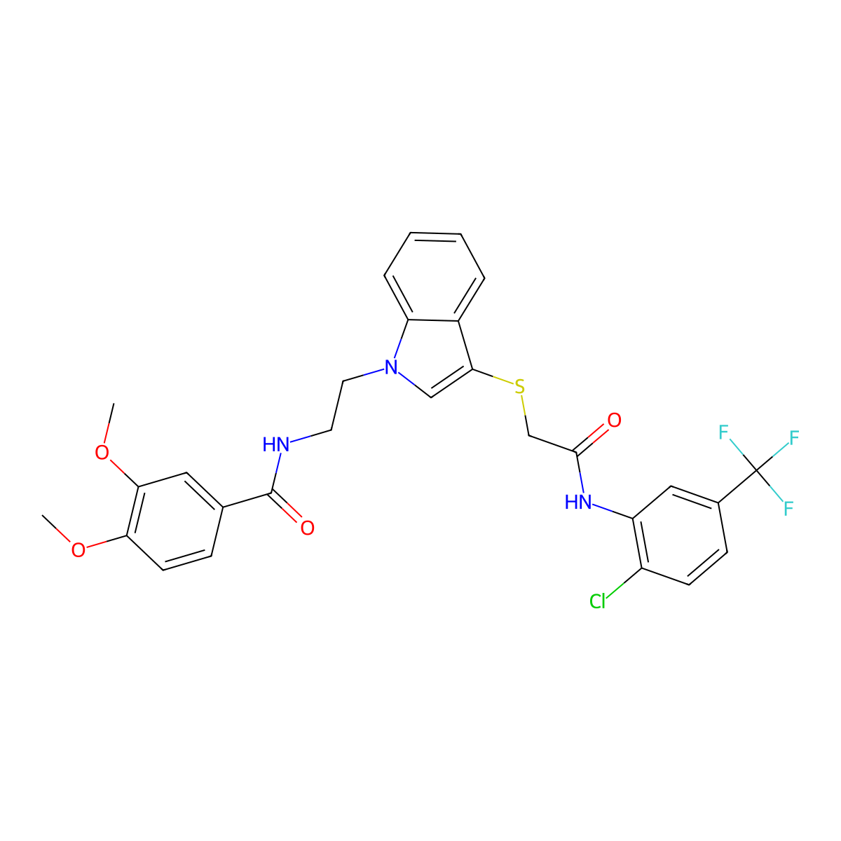 N-(2-(3-((2-((2-chloro-5-(trifluoromethyl)phenyl)amino)-2-oxoethyl)thio)-1H-indol-1-yl)ethyl)-3,4-dimethoxybenzamide molecular structure, CAS 497073-48-0