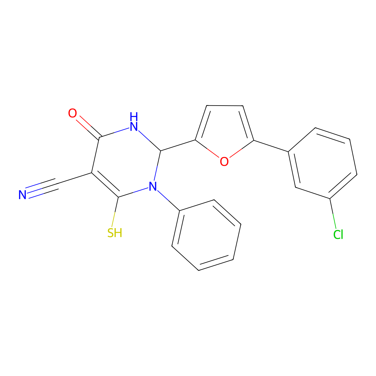 2-[5-(3-Chlorophenyl)furan-2-yl]-4-oxo-1-phenyl-6-sulfanyl-1,2,3,4-tetrahydropyrimidine-5-carbonitrile molecular structure, CAS 497075-95-3