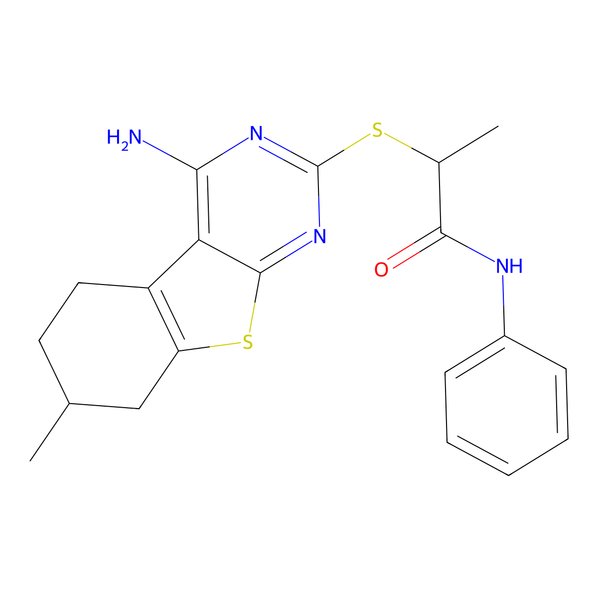 2-[(4-amino-7-methyl-5,6,7,8-tetrahydro-[1]benzothiolo[2,3-d]pyrimidin-2-yl)sulfanyl]-N-phenylpropanamide molecular structure, CAS 497076-17-2