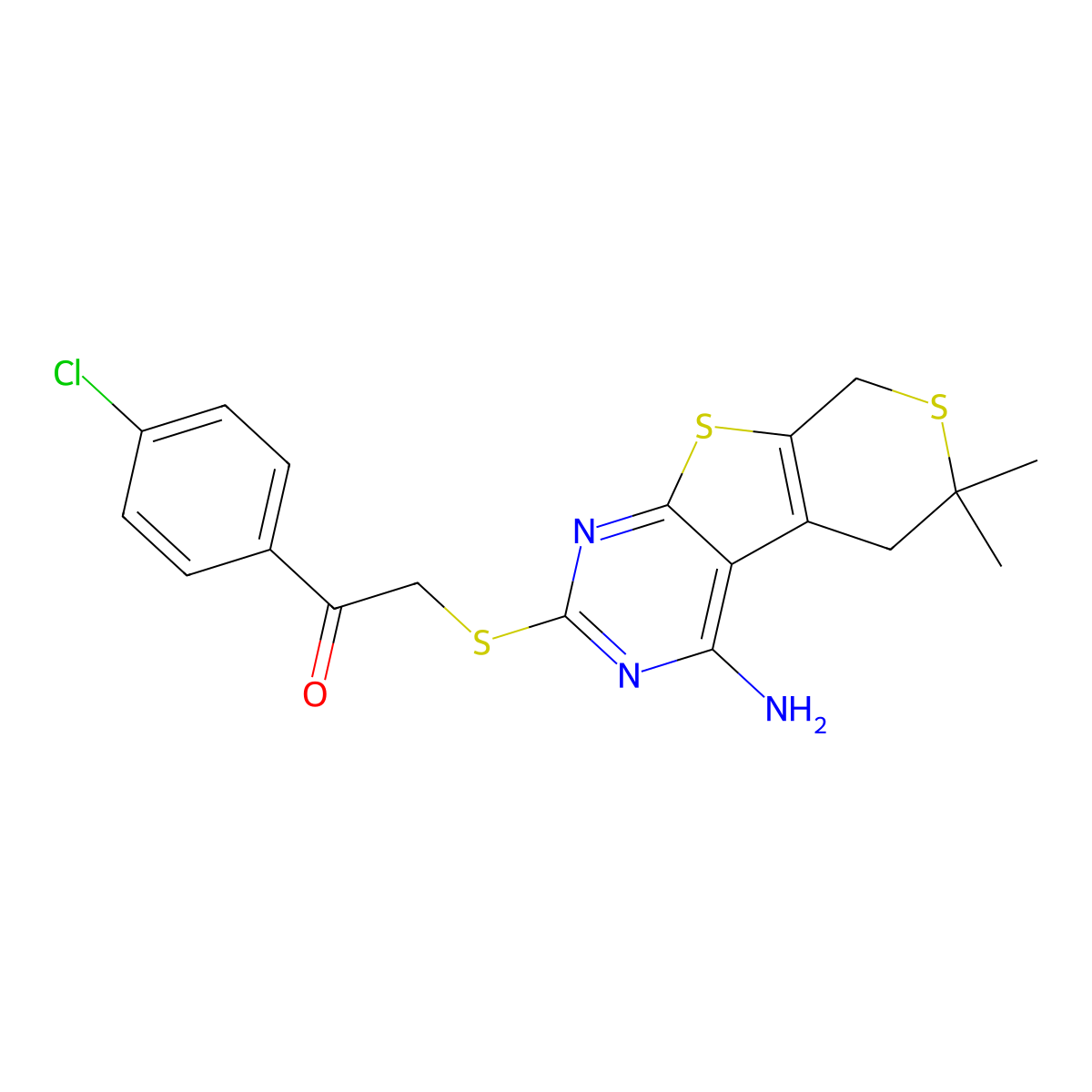 2-[(4-Amino-6,6-dimethyl-5,8-dihydrothiopyrano[4,5]thieno[1,2-c]pyrimidin-2-yl)sulfanyl]-1-(4-chlorophenyl)ethanone molecular structure, CAS 497076-59-2
