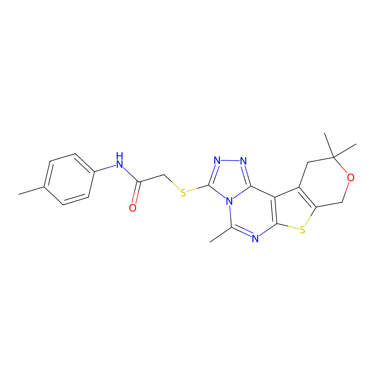 N-(p-tolyl)-2-((5,10,10-trimethyl-10,11-dihydro-8H-pyrano[4',3':4,5]thieno[3,2-e][1,2,4]triazolo[4,3-c]pyrimidin-3-yl)thio)acetamide molecular structure, CAS 497076-60-5