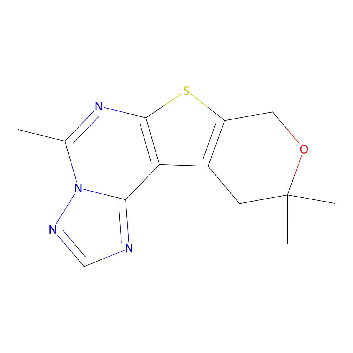 5,10,10-trimethyl-10,11-dihydro-8H-pyrano[4',3':4,5]thieno[3,2-e][1,2,4]triazolo[1,5-c]pyrimidine molecular structure, CAS 497076-96-7