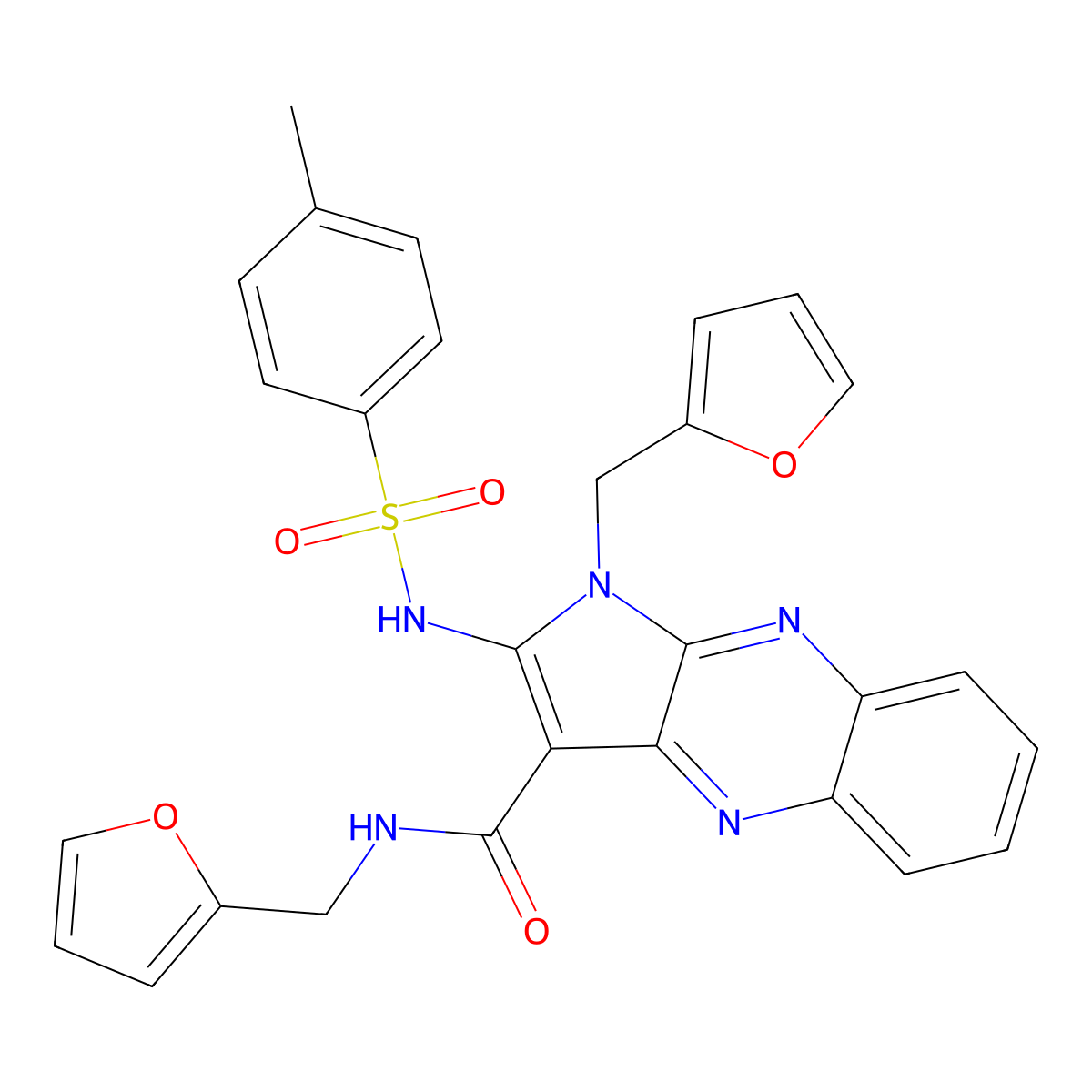N,1-bis(furan-2-ylmethyl)-2-{[(4-methylphenyl)sulfonyl]amino}-1H-pyrrolo[2,3-b]quinoxaline-3-carboxamide molecular structure, CAS 497077-10-8