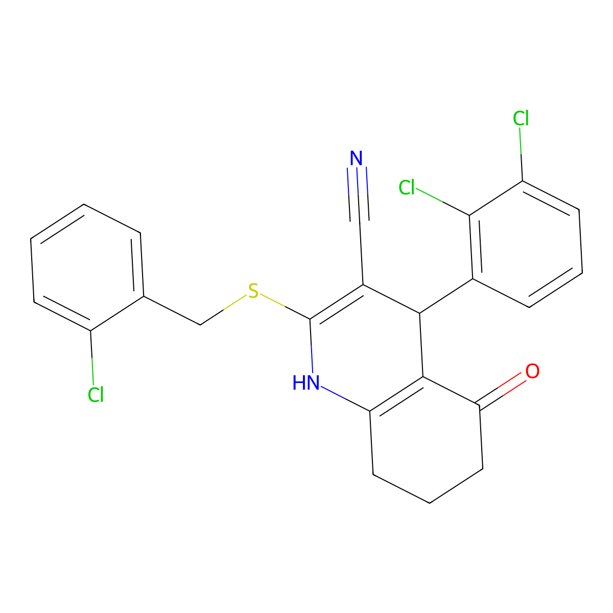2-[(2-chlorophenyl)methylsulfanyl]-4-(2,3-dichlorophenyl)-5-oxo-4,6,7,8-tetrahydro-1H-quinoline-3-carbonitrile molecular structure, CAS 497078-30-5