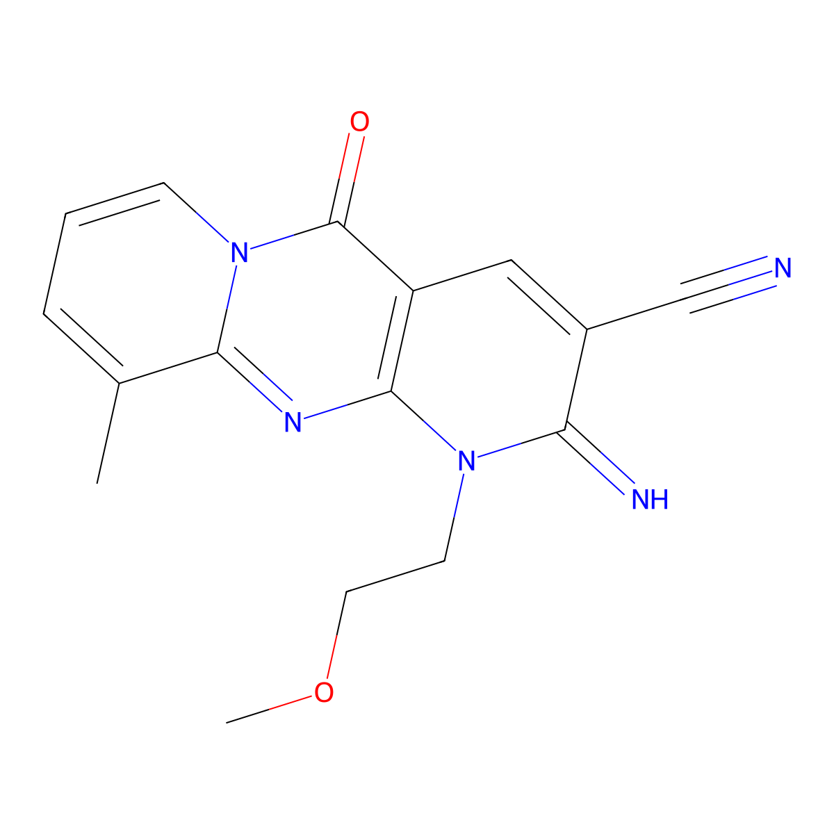 2-Imino-1-(2-methoxyethyl)-10-methyl-5-oxo-1,5-dihydro-2H-dipyrido[1,2-A:2,3-D]pyrimidine-3-carbonitrile molecular structure, CAS 497078-69-0