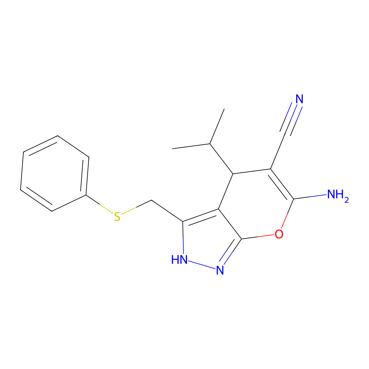 6-Amino-3-(phenylsulfanylmethyl)-4-propan-2-yl-2,4-dihydropyrano[2,3-c]pyrazole-5-carbonitrile molecular structure, CAS 497079-02-4