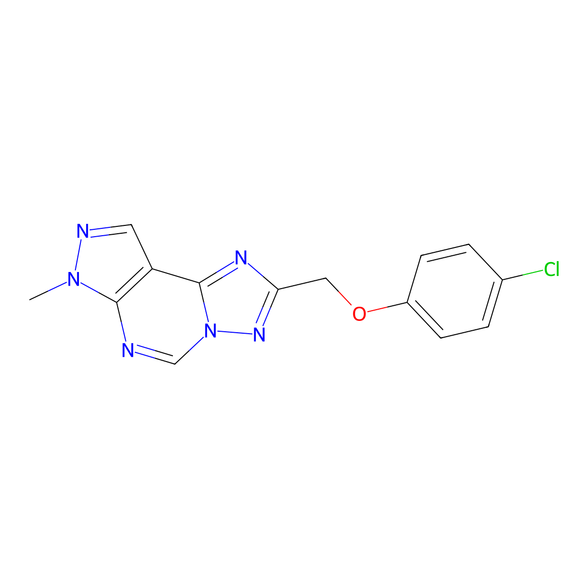 2-((4-chlorophenoxy)methyl)-7-methyl-7H-pyrazolo[4,3-e][1,2,4]triazolo[1,5-c]pyrimidine molecular structure, CAS 497079-81-9